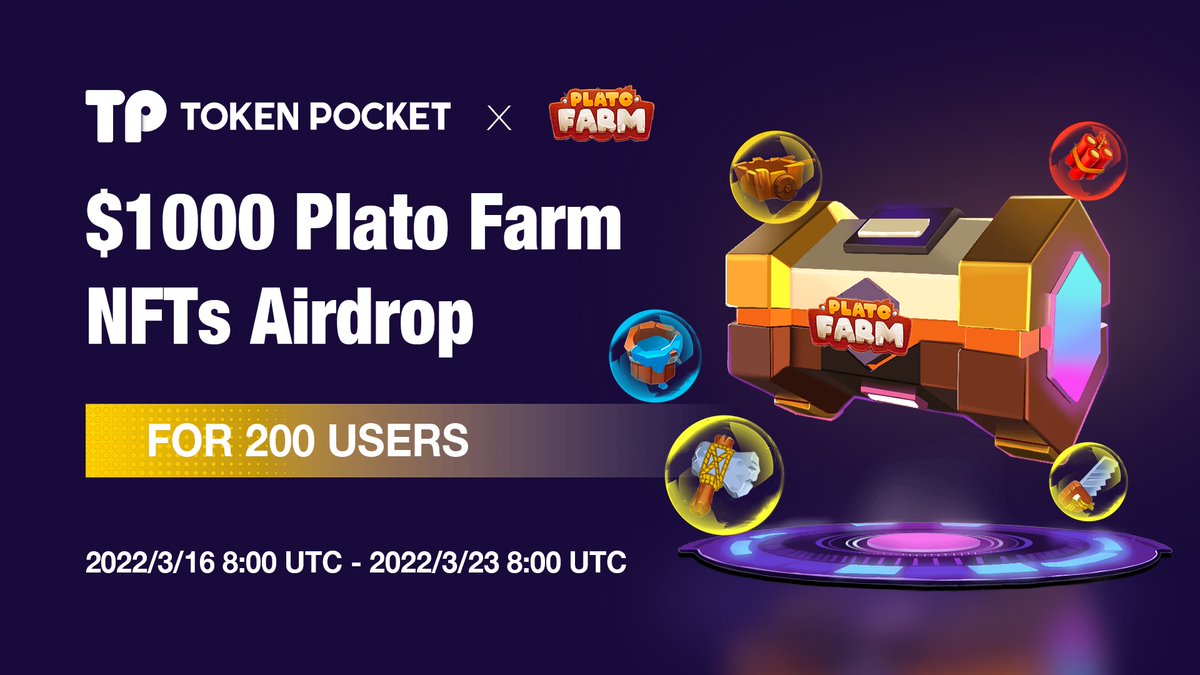 .<a href="/Plato_Farm/">Plato Farm</a>  is giving $1000 NFTs #Airdrop to 200 TokenPocket users!
 
🚀to get the NFTs:
✅Follow <a href="/Plato_Farm/">Plato Farm</a> &amp; <a href="/TokenPocket_TP/">TokenPocket</a>
✅Like, RT, Tag 3 friends
✅Join t.me/platofarm 
✅Join dsc.gg/platofarm
 
⏰3/16 8:00 - 3/23 8:00 UTC
Fill👉bit.ly/3tb1v3b