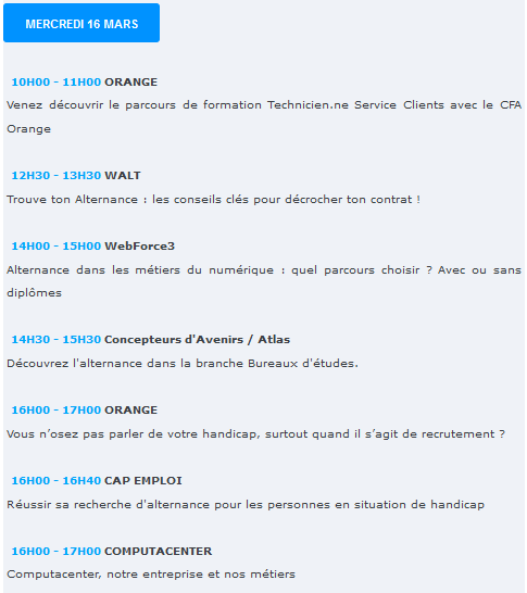 📢#FêtedesMétiers2022 / Jour 3📢: Les visioconférences à venir : fetedelalternance.com/les-conference…
 
#PrintempsOrientation #alternance #apprentissage #formation #CFA #orientation #ViePro #jeunes #lycée #collège #parcoursup #métier #emploi