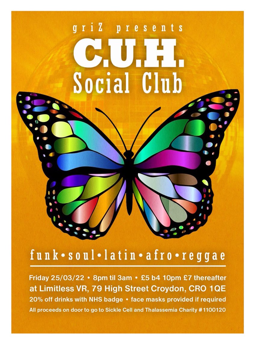 A special party with the Croydon University Hospital Social Club. An opportunity for you and our local NHS heroes to kick back, enjoy great music and raise some money. All door proceeds to go to Sickle Cell and Thalassemia Charity #1100120. 20% off drinks with NHS Badge!