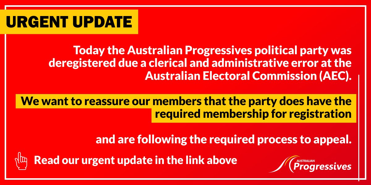 AusProgressive's tweet photo. Today @AusProgressive were de-registered due a clerical and administrative error at the Australian Electoral Commission (AEC).
We want to reassure our members that the party does have the required membership for registration.
Read our important update: https://t.co/LE44yIr3OS https://t.co/cqDvB119fB