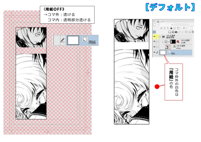 #clipstudio 「クリップスタジオのコマ枠外を白じゃなくて黒にしたい…。そんでもって調節し放題にしたい…。」って思ってたのが意外と簡単に出来たので共有しておきます。デフォルトの解説も置いときます。画像①→デフォルト状態の説明画像②→黒バージョン 
