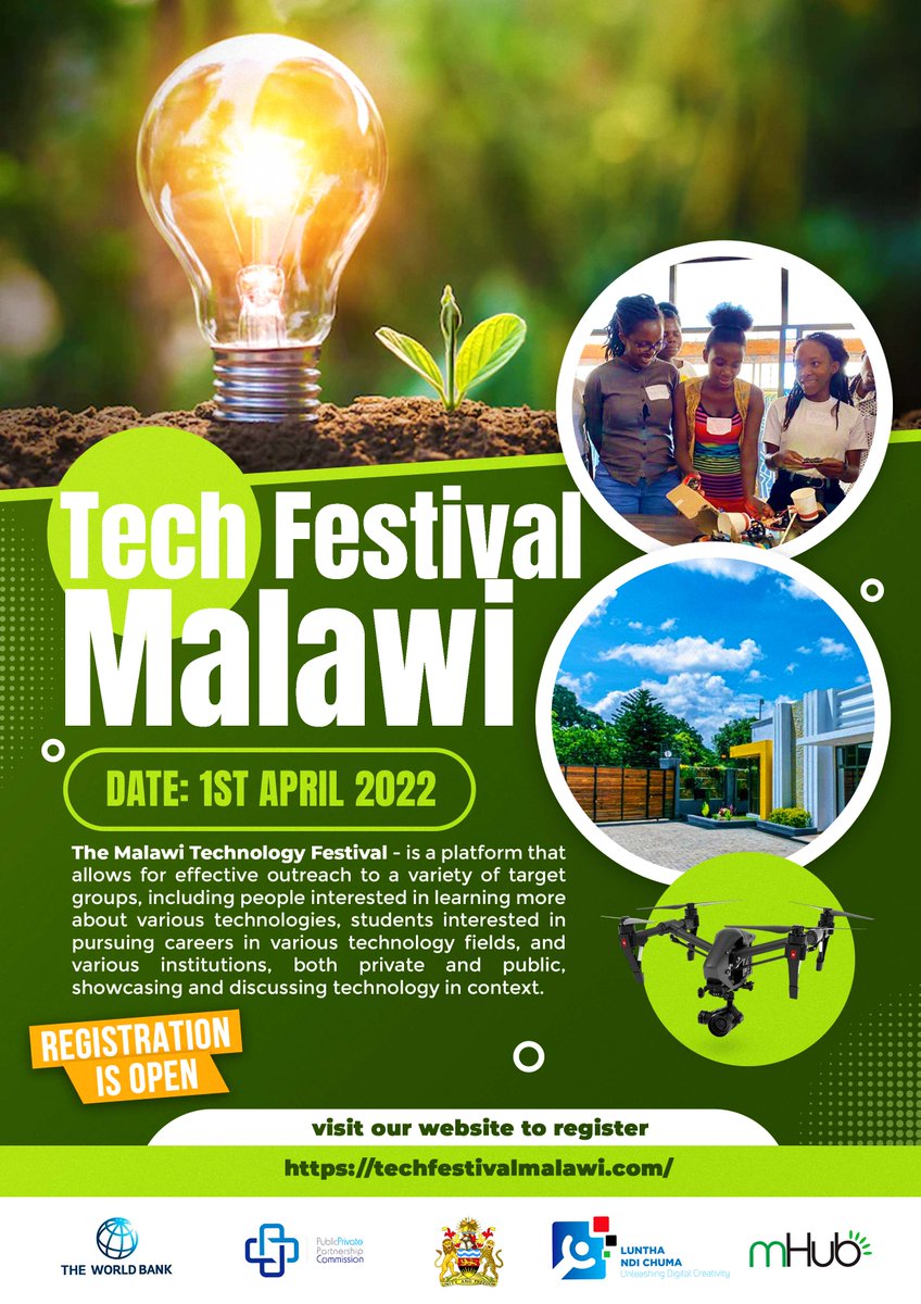 mHubMW's tweet photo. GREAT NEWS TO ALL TECHNOLOGY-ORIENTED MALAWIANS!!!!!
Join us for the FIRST OF ITS KIND TECHNOLOGY FESTIVAL scheduled for 1st April 2022 at the mHub offices in Area 15.
It is absolutely Free!!! Visit our website to Register for the Event.
https://t.co/bkQ1sGUT5e https://t.co/9dYDalfpgJ