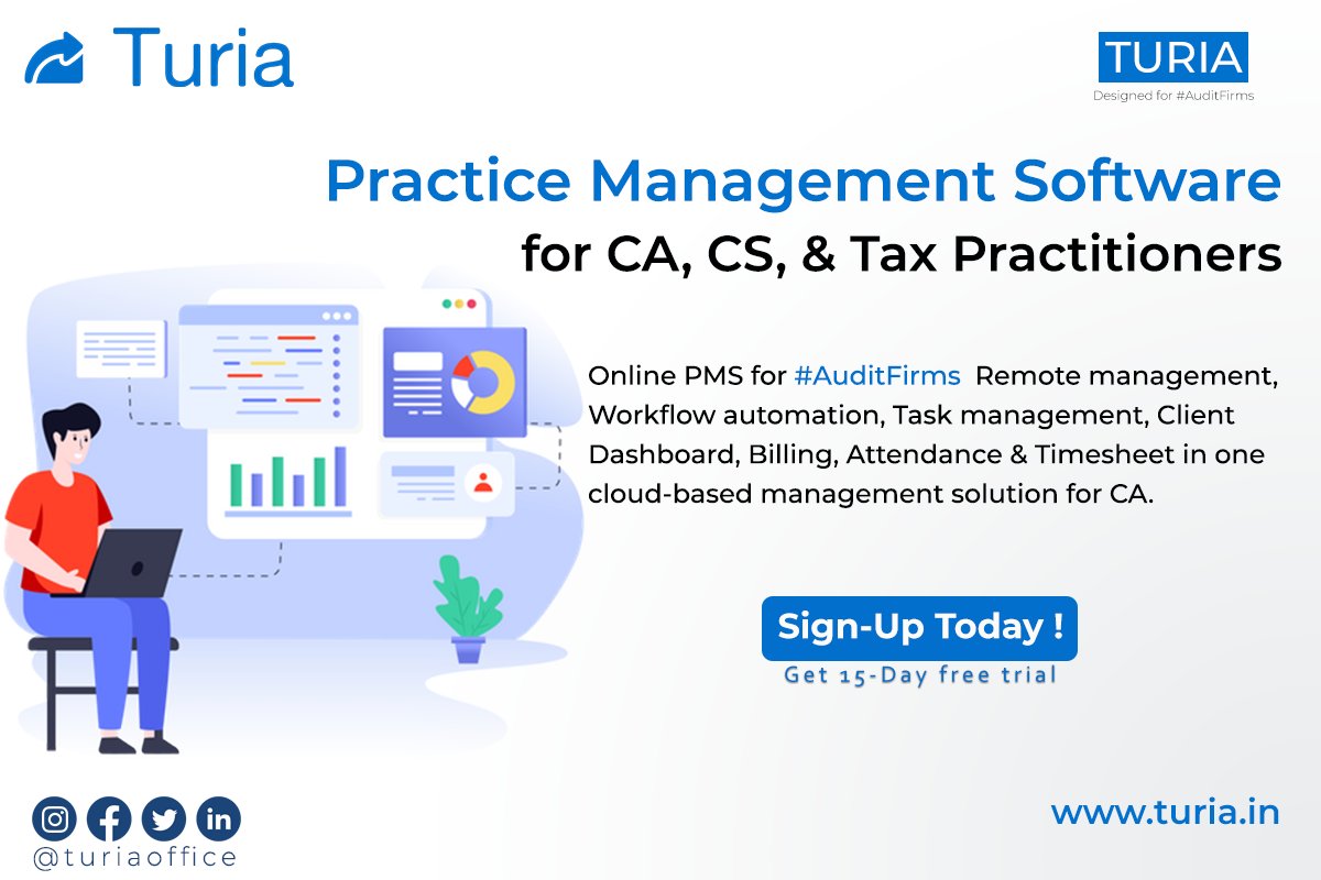TuriaOffice's tweet photo. #Turia Online PMS for #AuditFirms Remote management, Workflow automation, Task management, Client Dashboard, Billing, Attendance &amp; Timesheet in one #cloud -based management solution for CA.

visit https://t.co/SUWXCTKP0g for more details &amp; free trial.

#PracticeManagementSoftware https://t.co/gDfhyrnNoi