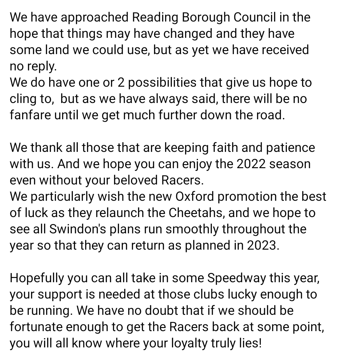 Racers still want to return <a href="/SpeedwayGB/">Official British Speedway</a>