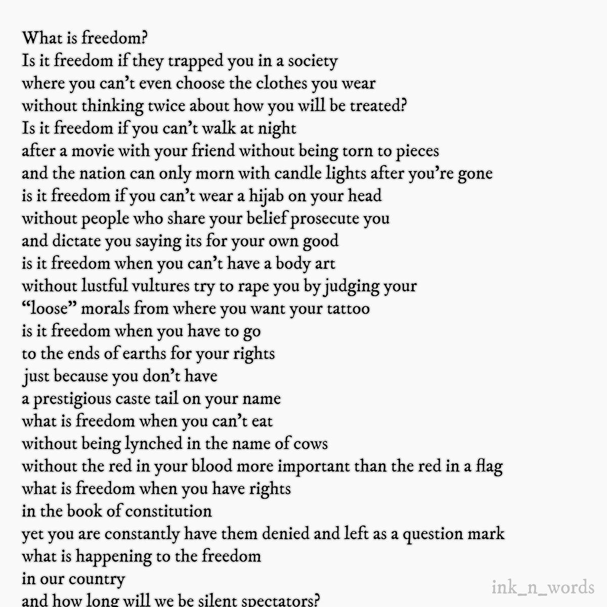 Inknwords1's tweet photo. Why do freedom feels different? 
#WritingCommunity #poetrycommunity  #indianpoet https://t.co/qL2bfqxU1d