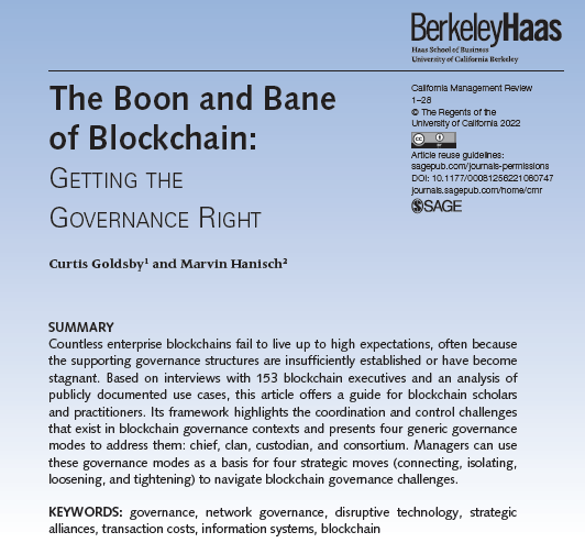 Happy to announce that my co-author Marvin Hanisch and I published our latest article on #enterpriseblockchain governance in #CaliforniaManagementReview / <a href="/CMR_UCBerkeley/">CMR</a>!

Read more here: doi.org/10.1177/000812…

#blockchain #governance