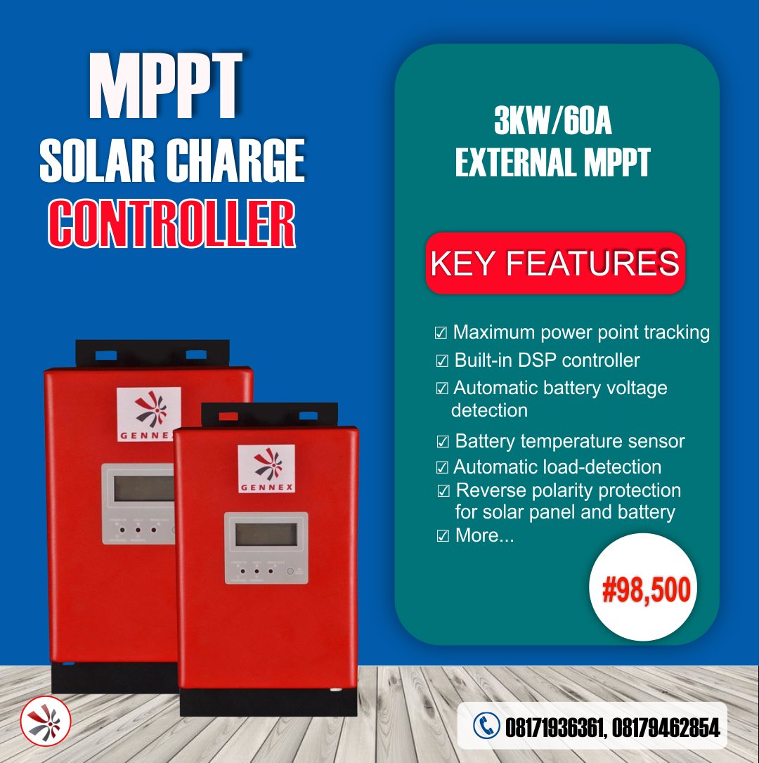 Compared to traditional solar charge controllers, Gennex MPPT allows your solar panels to operate at their optimum power output voltage, providing higher efficiency of up to 98% with lower power loss.

Learn More: +2348171936361, 0817 946 2854

Buy Online
https://t.co/auD3ZdxyI0 https://t.co/gPZlEfQoQv