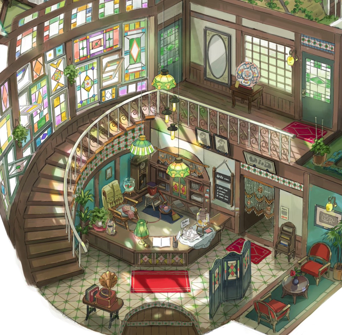 「前描いてた街の中にある宿の内観イメージ
Image of the inn 」|有里(Yuuri)のイラスト