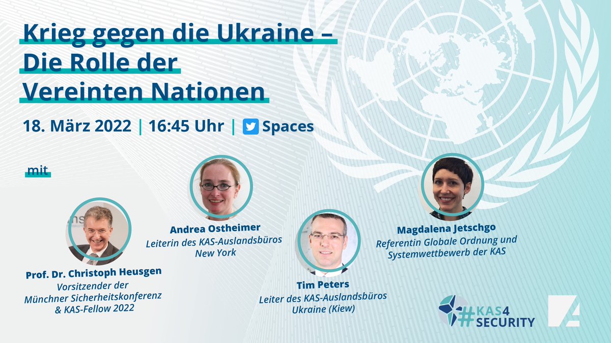 KASonline's tweet photo. 🔜 Jetzt vormerken! Am Freitag sprechen wir bei unserem @TwitterSpaces 🎙️ mit @MSCheusgen, Andrea Ostheimer @kas_ny &amp; Tim Peters von der KAS Ukraine @auslandsinfo über die Rolle der #VN bei der Verurteilung &amp; Sanktionierung v. #Ukraine-Krieg. #KAS4Security
https://t.co/nLKUPzMMZu https://t.co/EjKnu48kUs