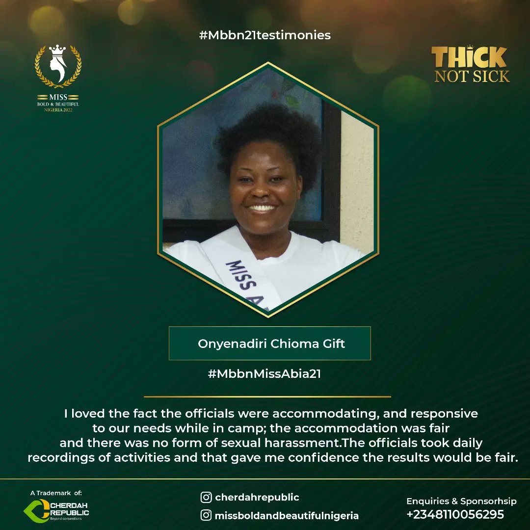CherdahR's tweet photo. Miss Chioma Onyenadiri, #MbbnMissAbia21 Bares her Thoughts on the Miss Bold and Beautiful Nigeria 2021 Pageant she was part of...
.
.
.
@CherdahR
@missboldandbeautifulnigeria
#MissBoldAndBeautifulNigeria
#MissBoldAndBeautifulNigeria2022
#ThickNotSick
#Anticipate https://t.co/YW0ikGVB2K