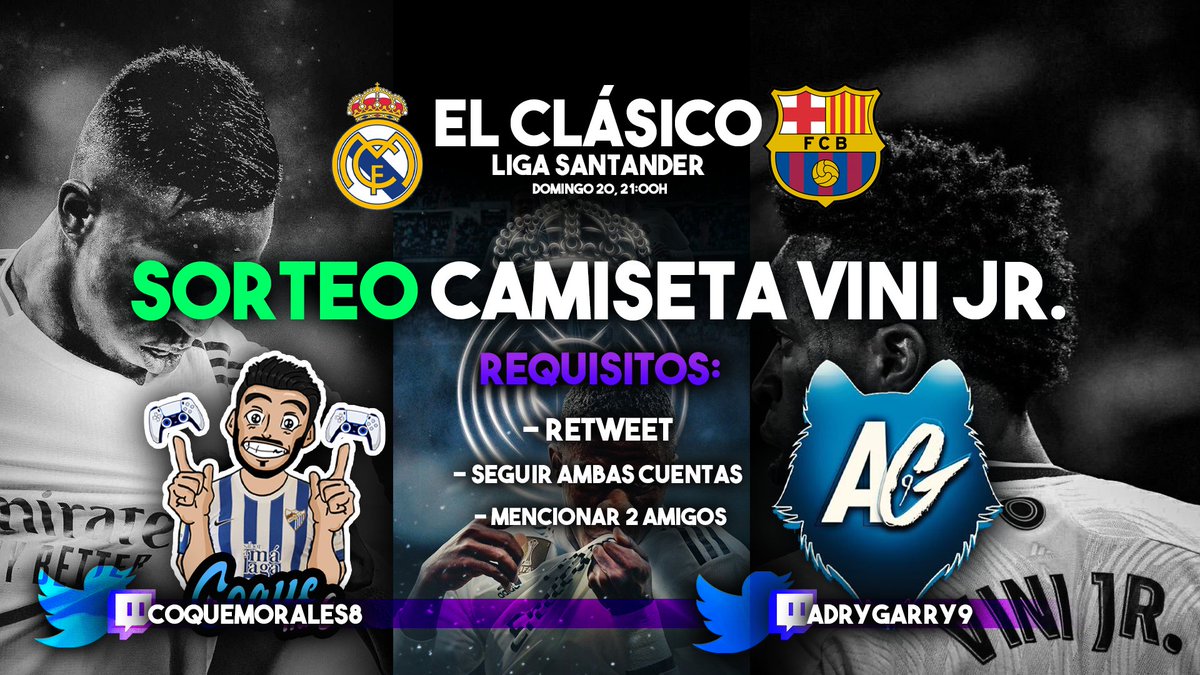 ¡Buenos días!
🚨SORTEO CLÁSICO🚨 
En colaboración con <a href="/adrygarry9/">Adrygarry9</a> 🤜🤛

Si el Madrid GANA el clásico sortearemos la camiseta de Vini Jr entre los que:
🔹Follow a <a href="/adrygarry9/">Adrygarry9</a> y <a href="/CoqueMorales8/">Jorge Morales</a>
🔹RT a este tweet
🔹Mencionar a 2 amig@s

🍀MUCHA SUERTE A TODOS🍀