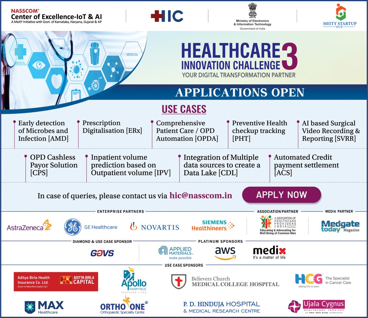 nasscomCoEIoT's tweet image. #ApplicationOpen #HIC3

With the Third Edition of Healthcare Innovation Challenge ,NASSCOM CoE-IoT &amp;amp; AI brings a unique opportunity for #DeepTech #SolutionProviders to deploy their solutions with #HealthcareProviders and #Insurers

Apply via haryana.coe-iot.com/hic3applicatio…