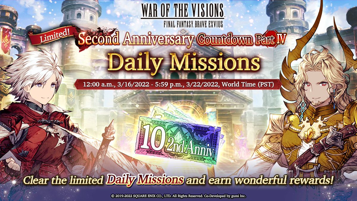 wotvffbe's tweet photo. Grab these rewards during the Second Anniversary Countdown Part IV!
- Up to 2,100 free Visiore and more from the Login Bonus!
- Free Visiore and more from the Countdown Quest!
- Summon Tickets from Daily Missions!
- Three free daily chances at the Limited Normal Summon!
#WOTVFFBE https://t.co/xx2OIOSfpn