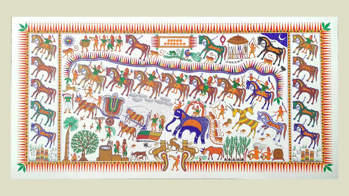 IndiaArtnDesign's tweet photo. Pithora paintings represent tribal narratives from central Gujarat and Madhya Pradesh. Know more about this ritualistic art practice that continues to regale folk in both, its traditional and contemporary avatars… https://t.co/TtY94UdfAY https://t.co/N8lFUitY85