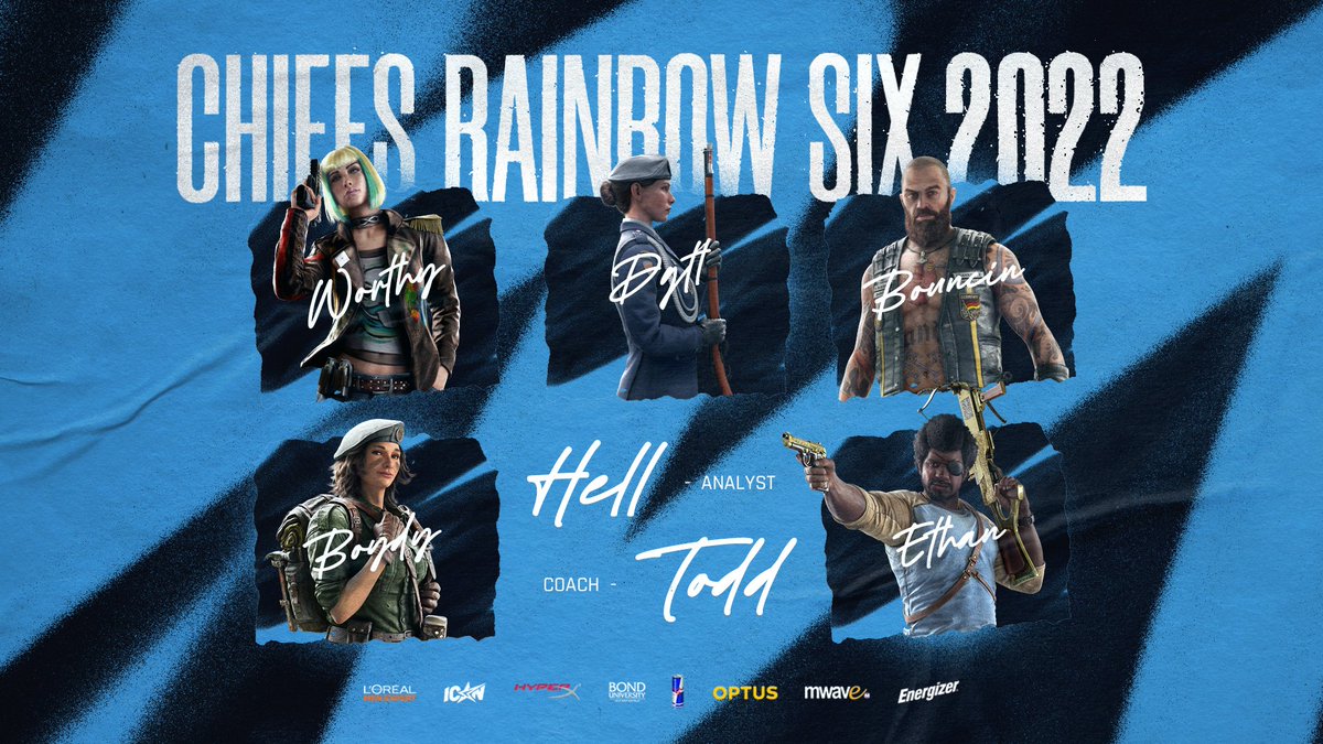 Introducing our <a href="/R6esports/">Rainbow Six Esports</a> 2022 roster!

🔹 <a href="/Dgtl_R6/">Dgtl | Raine</a> 
🔹 <a href="/WorthyR6/">Worthy</a> 
🔹 @Ethan_oce 
🔹 <a href="/bouncinballz/">BouncinBallz</a> 
🔹 <a href="/BoydyR6/">Boydy</a> 

🔸 Coach - <a href="/Todd_R6/">Todd</a> 
🔸 Analyst - <a href="/Hell_R6/">Hell</a> 

See you soon @R6esportsAPAC &amp; <a href="/R6esportsOCE/">Rainbow Six Esports OCE</a> | #WeAreChiefs 🏆🏆🏆🏆