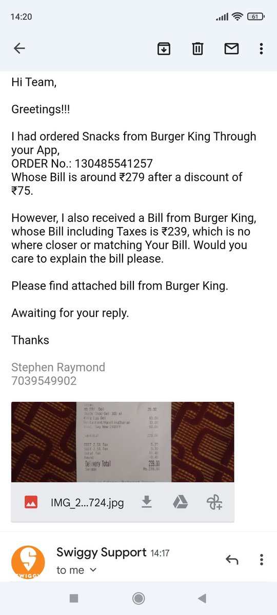 cutesteev's tweet photo. @burgerkingindia who is correct? 
Either burger King sent me wrong Bill or they are charging us xtra due to swiggy order. @swiggy_in 
What is happening with this legitimate companies. Please justify. https://t.co/uk03aKIBbu