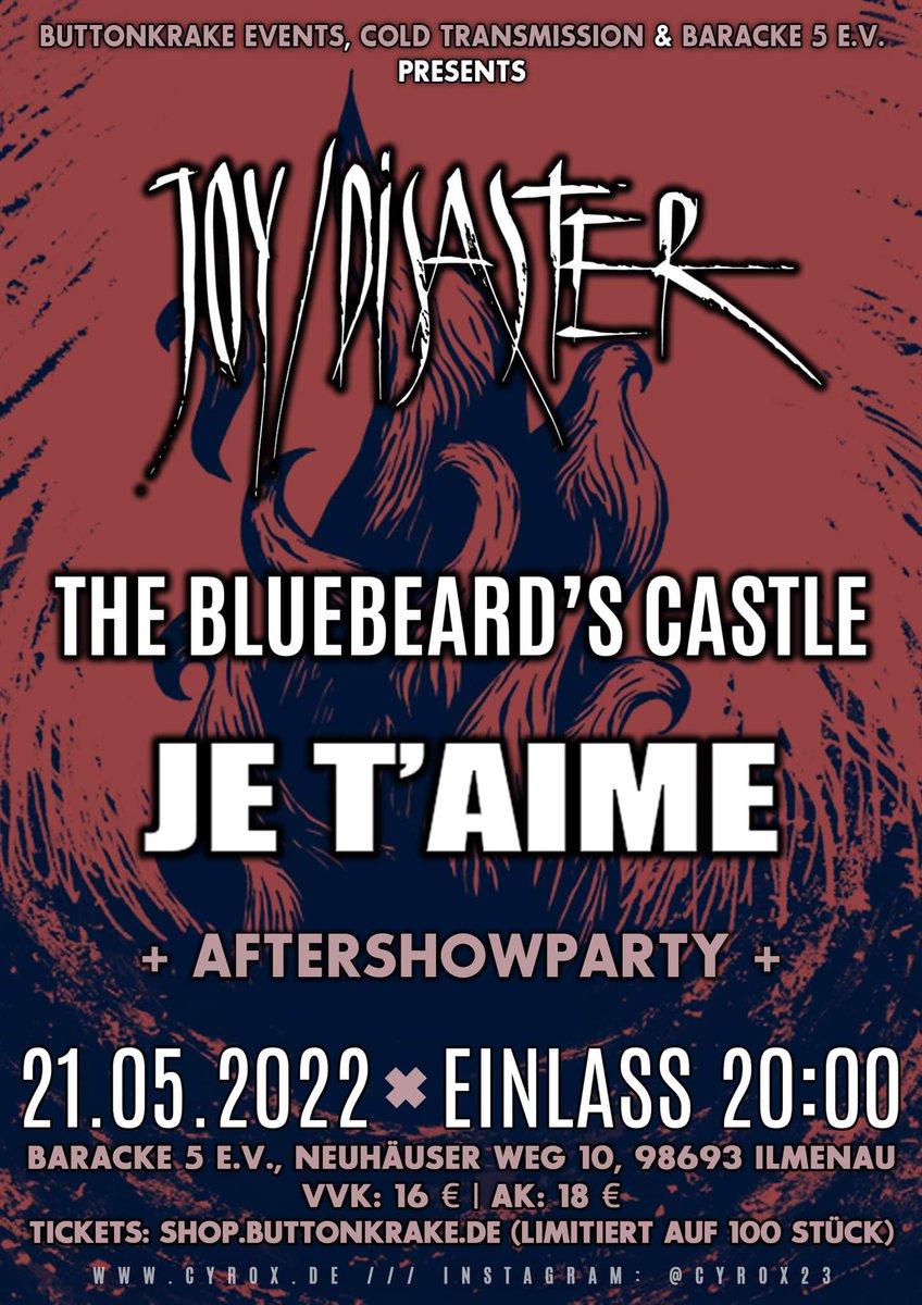 buttonkrake's tweet photo. Es gab ein Lineup Wechsel.
There was a lineup change. 
@coldtransmissio
#baracke5 #buttonkrakeevents #coldtransmission #joydisaster #jetaime #thebluebeardscastle #gothiclife #postpunkmusic #postpunk #gothrockmusic #gothrock
https://t.co/SLufShfpAl https://t.co/MoB5h6hzJo