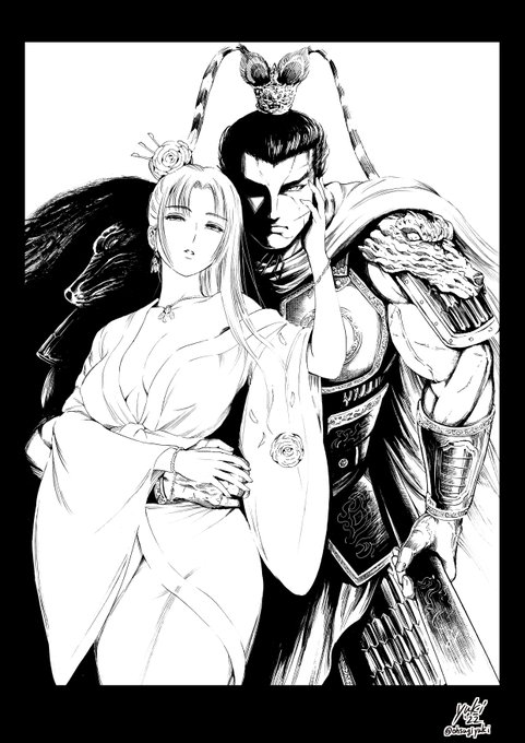 #練習絵#アナログイラスト 三国志の英雄、呂布と貂蝉です 