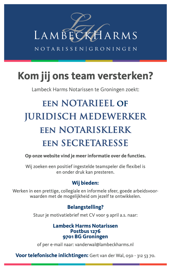 lambeckschpstra's tweet image. Word jij onze nieuwe collega? Wij zijn op zoek naar een notarieel of juridisch medewerker / klerk / secretaresse om ons team te versterken! Solliciteren kan tot 9 april. Delen wordt gewaardeerd! Meer informatie over de functie is te lezen op onze site. lambeckharms.nl/vacature-notar…