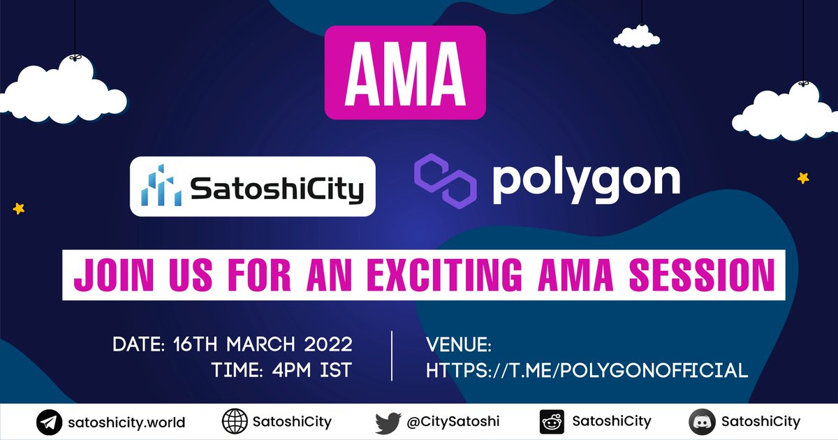 CitySatoshi's tweet photo. 🔊We are thrilled to announce an #AMA!!
Join us for an enthralling session with tedious questions about the project😋

Date: 16 March 2022 
Time: 4PM IST  
Venue: https://t.co/iZMX3GOqCI

#CITY #SatoshiCIty #Metaverse #NFTGaming #Blockchain https://t.co/auSQUrSBvK