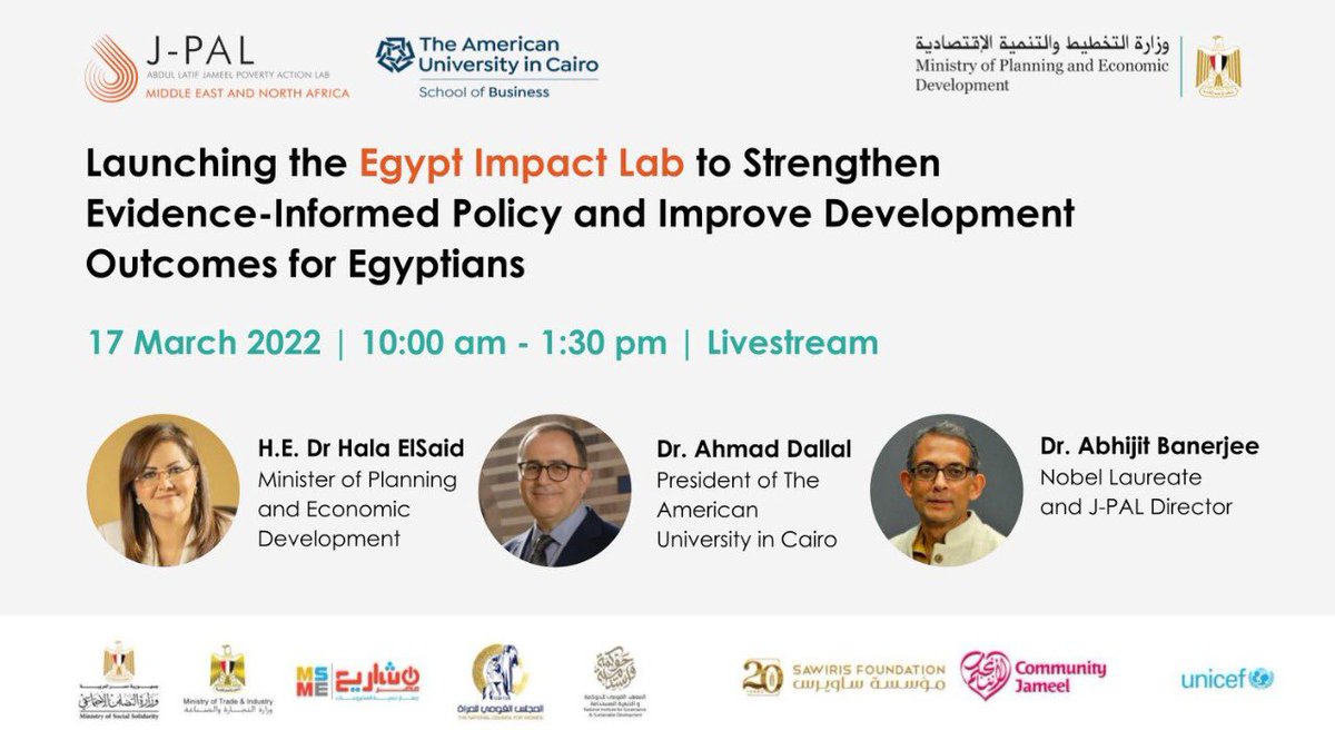 mpedegypt's tweet photo. 📢 TOMORROW: Watch live as we celebrate the launch of the #EgyptImpactLab, our newest partnership with @mpedegypt to strengthen Egypt's poverty reduction policies through innovation & rigorous evaluation.
🎥March 17 | 10am-1:30pm EEST
👉Livestream: https://t.co/3eD339anlg https://t.co/J3CdFWRss0