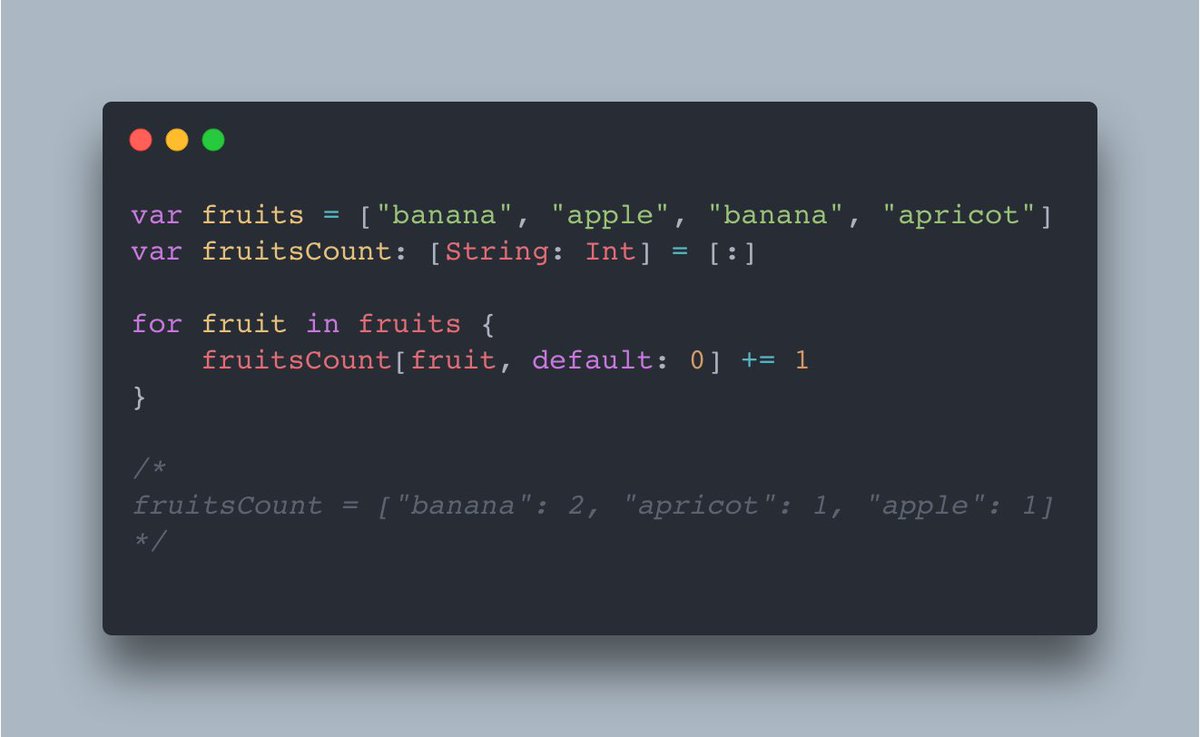 cosmincodes's tweet image. Today I learned that in Swift you can have default values for keys that are not in the dictionary 🤯