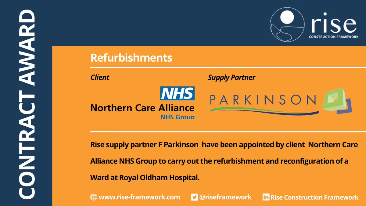 @NCAlliance_NHS have appointed @F_Parkinson_Ltd  to carry out refurbishment works of a Ward at Royal Oldham Hospital.

Read about previous Northern Care Alliance projects here: ow.ly/ZlIi50HIchP

#constructionnews #northwestconstruction #procurement #Riseframework