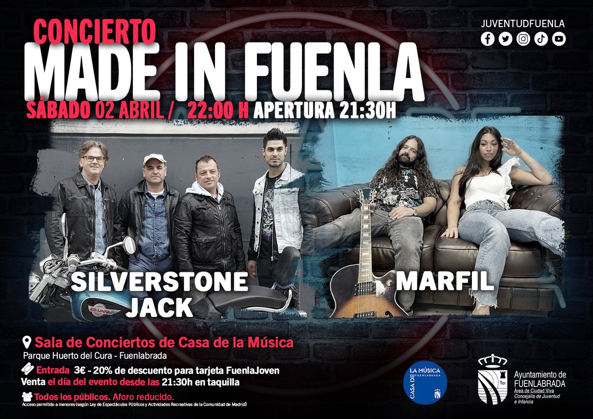 JuventudFuenla's tweet photo. 🎸MADE IN FUENLA, nueva cita con las bandas locales Marfil➕Silverstone Jack
🎙️Sábado 2 de abril
🎙️22:00 h
🎙️Casa de la Música 
🎙️Entradas disponibles el mismo día desde 21:00 h. Entrada general 3 €. Entrada Fuenlajoven 2,40€.

#Fuenlabradaciudadviva #Fuenlabrada #madeinFuenla https://t.co/SRrmBrp1a0