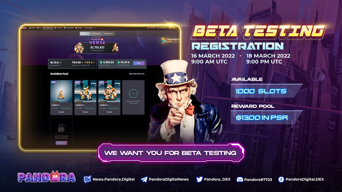 💥#Pandora Beta Testing Registration is Now Open💥

🗓Registration period: 

⌛️From 9:00 AM UTC on 16 March 2022 until 9:00 PM UTC on 18 March 2022.

⭐️1000 slots are available on a first-come, first-served basis. 

☄️Sign up NOW: 

docs.google.com/forms/d/e/1FAI…