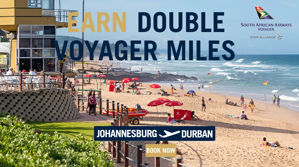 flysaa's tweet image. Pack your bags &amp;amp; book a fun-filled weekend away!Join our Voyager loyalty program at no cost by clicking on the link bit.ly/3oUWbyz. Voyager members earn DOUBLE VOYAGER MILES on Durban flights until 4 April 2022. Book now bit.ly/3oV4XN4 #FlySAA
#Letsgothedistance