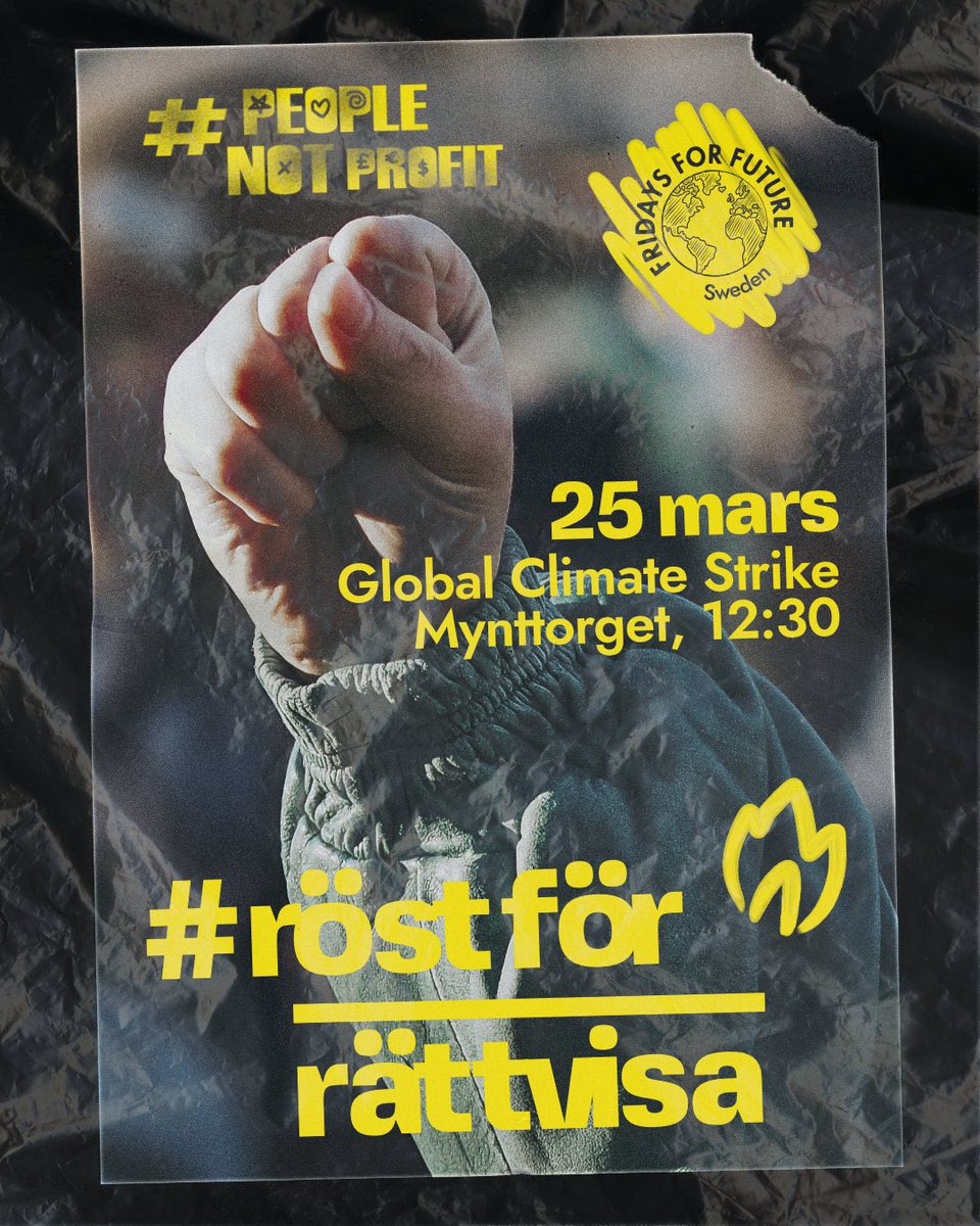25 mars strejkar vi för klimatet igen! I Stockholm ses vi 12.30 på Mynttorget och går mot Tantolunden under parollerna #PeopleNotProfit och #RöstFörRättvisa
Sprid ordet!

March 25th is the next global climate strike! In Stockholm we meet at Mynttorget 12.30. Spread the word!