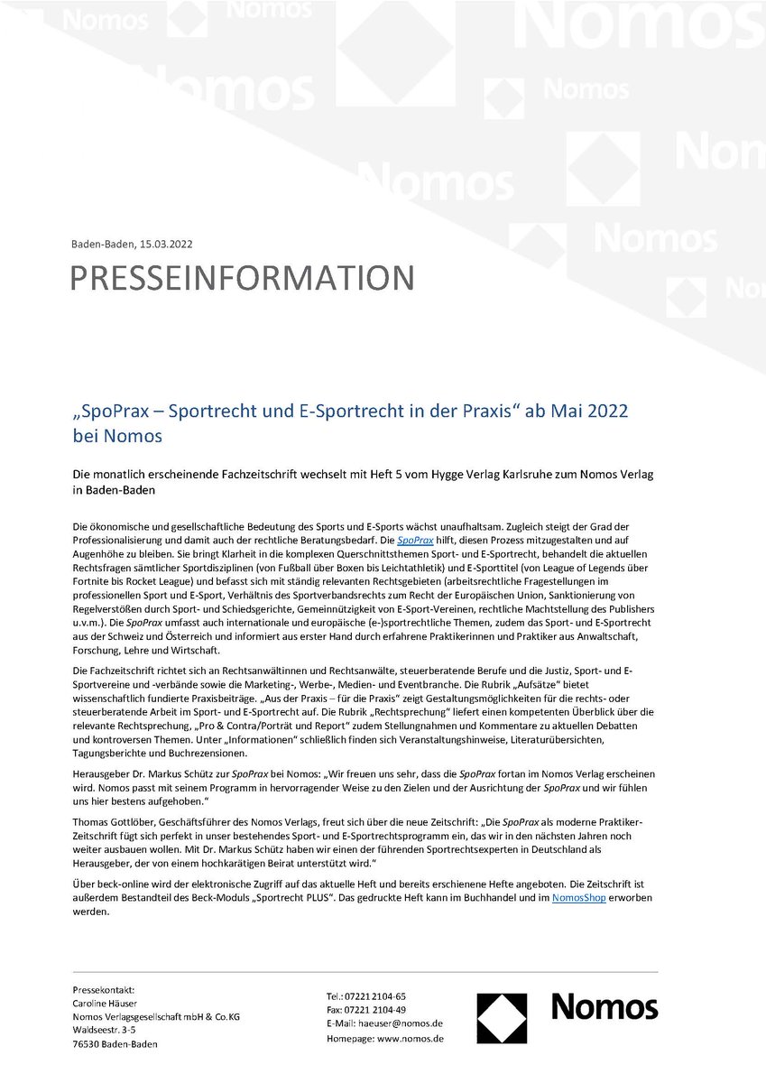 <a href="/SpoPrax/">SpoPrax</a> goes <a href="/NomosVerlag/">Nomos Verlag</a> 

Beginnend mit der Mai-Ausgabe wird die SpoPrax bei #Nomos erscheinen.