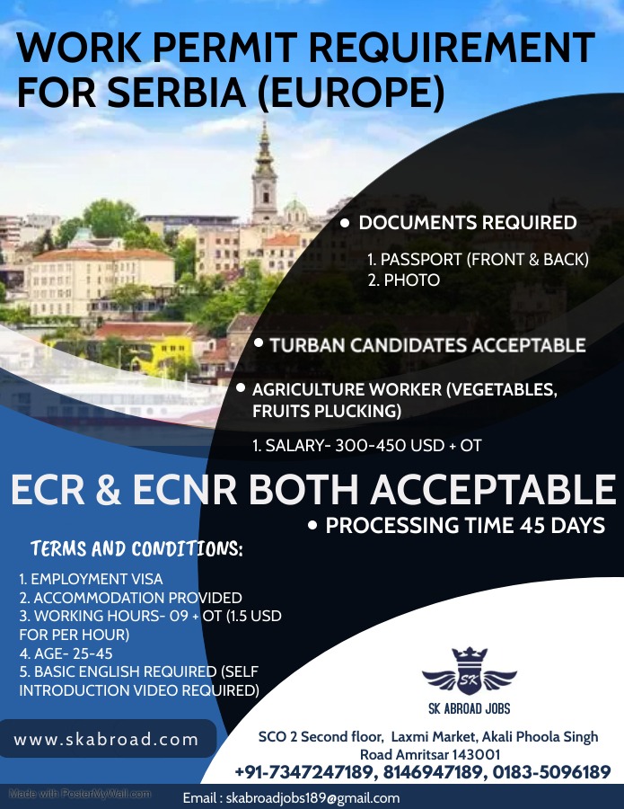 sk_jobs's tweet photo. WORK PERMIT REQUIREMENT FOR SERBIA (EUROPE)
Call Now : +91-7347247189, 8146947189, 0183-5096189
Email :  skabroadjobs189@gmail.comWebsite https://t.co/Jom9MdGokT
#workpermit #immigration #canada #visa #canadavisa #studyabroad #studyincanada #canadaimmigration #expressentry https://t.co/pC2GIrAs1V