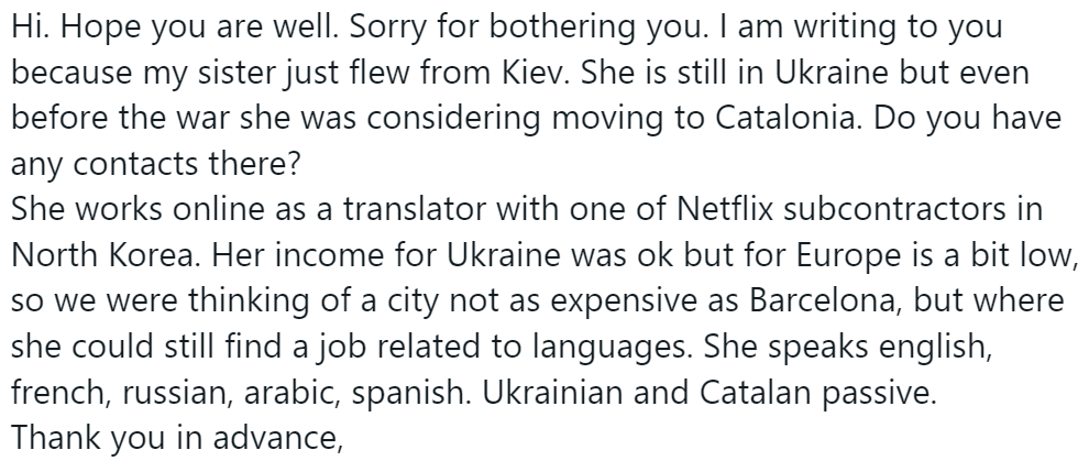 Compañeros en Cataluña: 
¿Algún consejo/contacto para la hermana de una intérprete que conozco, que está huyendo de 🇺🇦 UCRANIA? 🇺🇦 

Más info en la imagen 👇

¡Muchas gracias de antemano! 🙏🙂