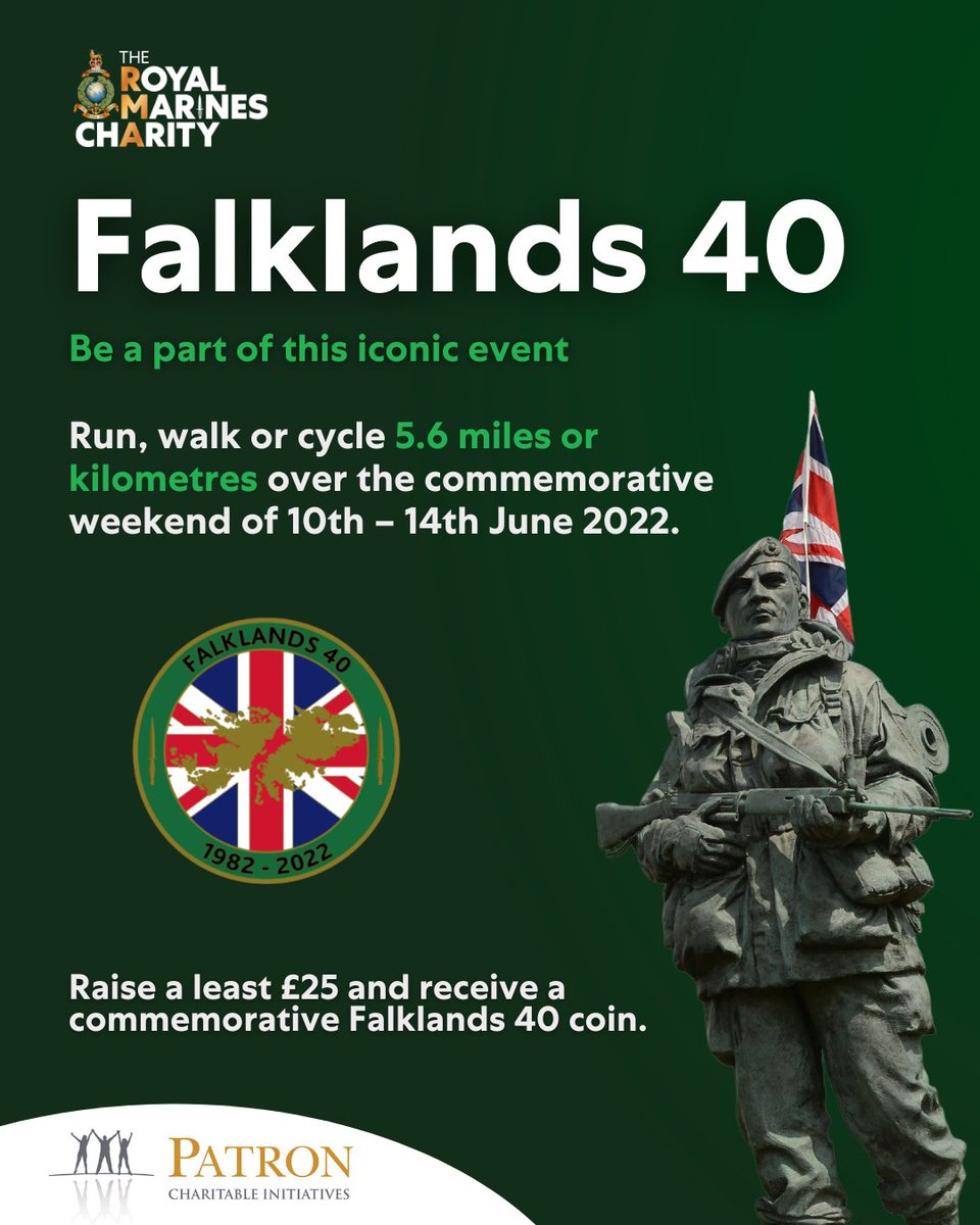 Friday 10th June is the 40th anniversary of the liberation of the Falkland Islands, teams of Royal Marines stationed in Cdo Units will recreate the 56-mile yomp. We are asking our supporters to join in from wherever you are in the world. rmatrmc.enthuse.com/cf/falklands-40