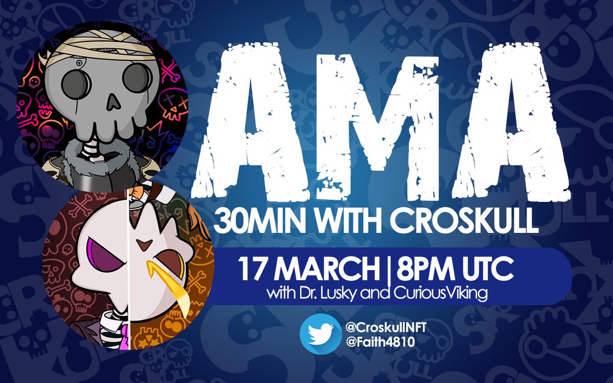 CroskullNFT's tweet photo. GM #CroSkullFam 💀

We are happy to announce that tomorrow 17 March 8 PM UTC our Community member and Discord Mod @Faith4810 (Curious Viking) will host a space to talk about the #NewsFromTheGrave with @DefinitelyLusky 💥
https://t.co/aeLtwdwGHD

#CronosNFT #crofam #CronosChain https://t.co/7RpEehJdcM