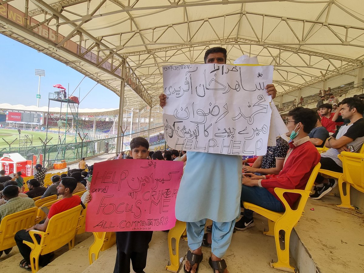 Mohammad Ismail is here with his son to see Day 5 of Pak VS Aus. He is trying to raise funds for his son's cochlear implant operation. Can anyone offer leads or help in any way? Contact: +923073475278