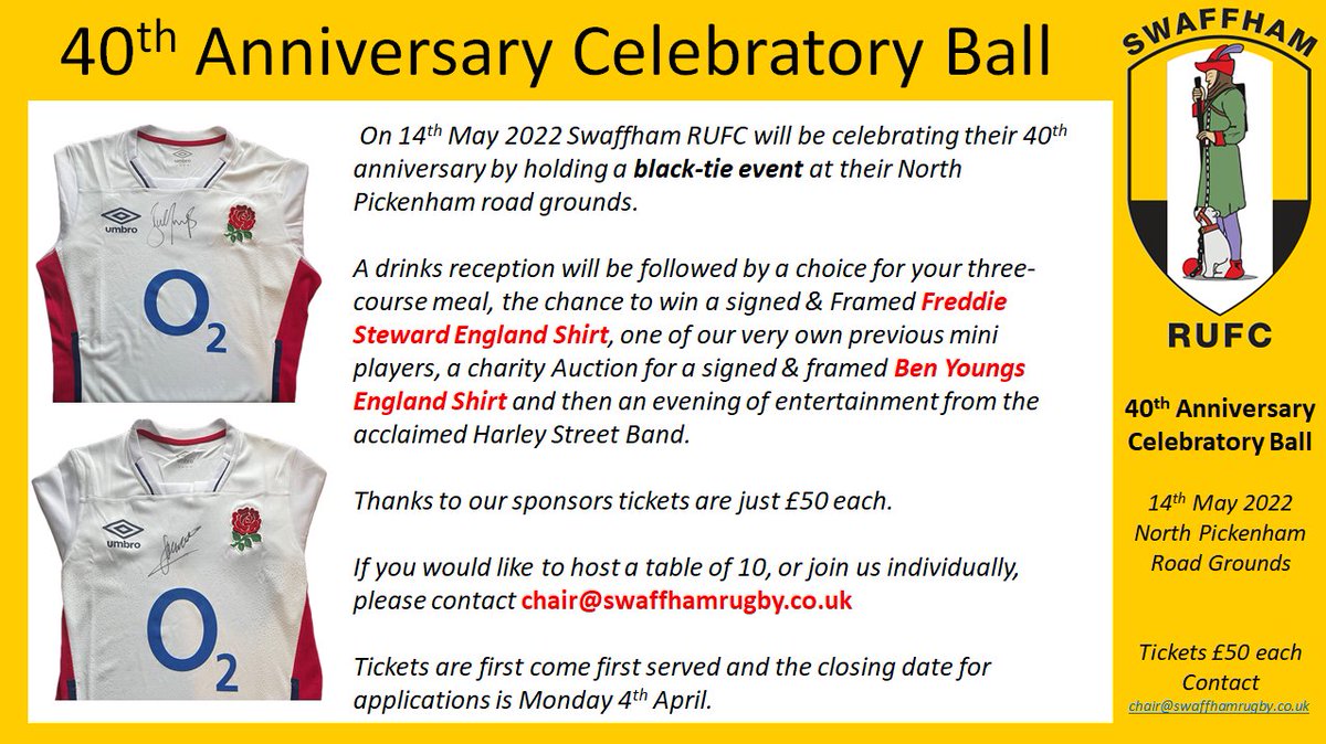 SwaffhamRUFC's tweet photo. 40th Anniversary Celebratory Ball.
Tickets now available! https://t.co/kjB8NV5hm6