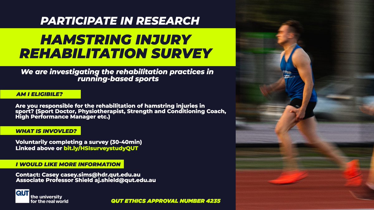 caseysims_'s tweet photo. Hamstring Injury Research Survey 🦵⚽ 🏈 🏃

Looking for persons responsible for the rehab of HSIs in sport (S&amp;C Coach, Physio, Ex Phys, Sport Doctors, HP Manager etc) 

📋 Fill in the survey (30-40min): https://t.co/Da0hpCgvLG 

QUT Ethics approval #4235 
RTs Appreciated https://t.co/THt6lQkeyL
