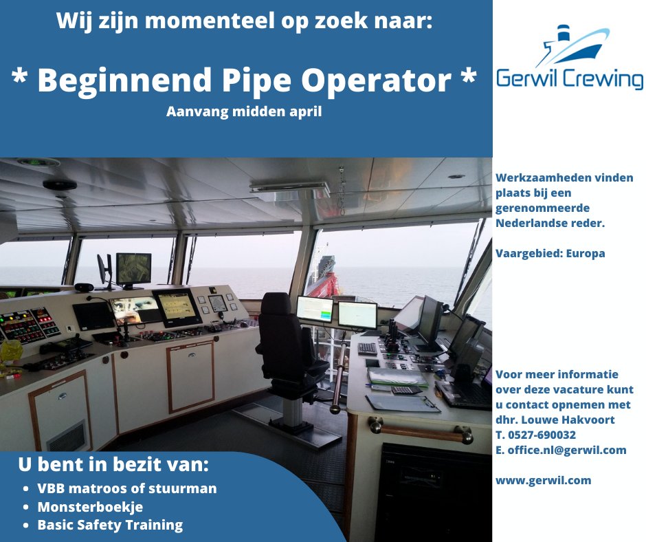 GerwilCrewing's tweet image. Wij zijn op zoek naar een beginnend pipe operator, bent u in bezit van een VBB matroos of stuurman en op zoek naar een leuke uitdaging en een dynamische werkplek? Stuur uw CV naar office.nl@gerwil.com of bel ons +31 527 690032
#pipeoperator #Vacancy #Maritime #joballert #dredging