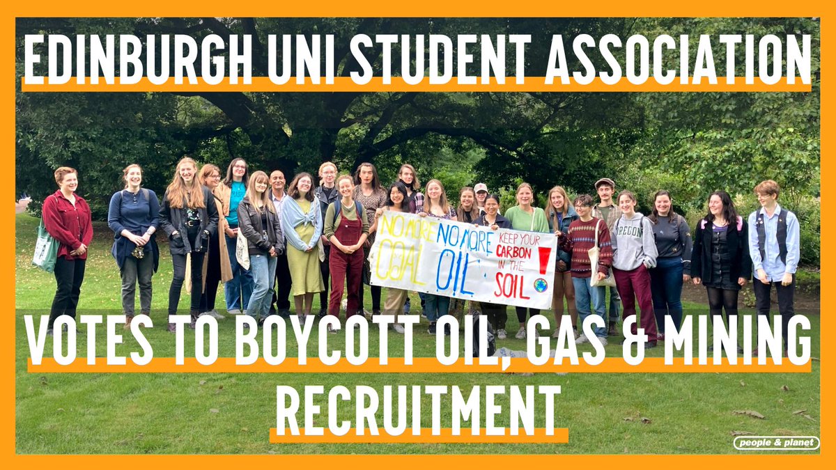 🎉 VICTORY: <a href="/EdUniStudents/">Edinburgh University Students' Association</a> is FIRST IN SCOTLAND to back Fossil Free Careers &amp; pledge to boycott oil, gas &amp; mining recruitment ✊

Support student demands for Fossil Free Careers at Edinburgh @UofEdCareers ✍️ bit.ly/3wdKPu1

Keep us winning 👉 peopleandplanet.org/donate