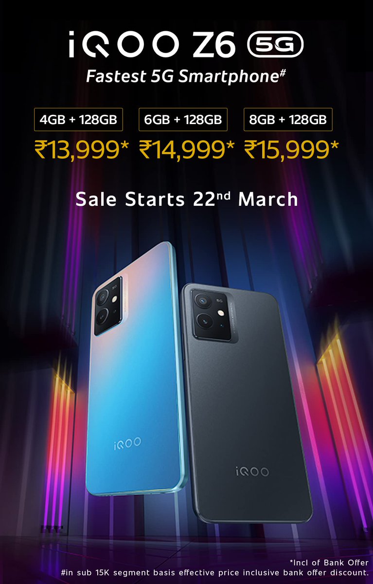 iamprasadtech's tweet photo. #iQOOZ6 Launched in india
4GB + 128GB : Rs. 15,499 ( Rs.13,999 Offer Price ) 
6GB + 128GB : Rs. 16,999  ( Rs.14,999 ) 
8GB + 128GB : Rs. 17,999 ( Rs.15,999)

👉 Unboxing Video Repu Vastundi https://t.co/kfskQRoQQW