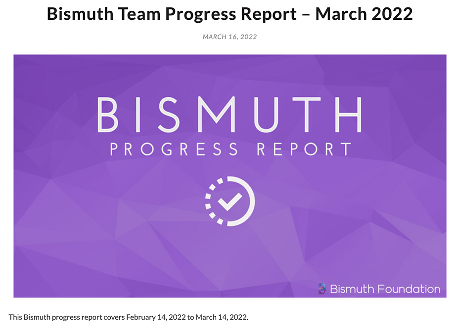 BismuthPlatform's tweet photo. Read the latest #BismuthPlatform monthly progress report covering Feb. 14 to March 14.

https://t.co/Y1BPJv3LtK

$BIS $wBIS #Bismuth #Python #Layer1 #Blockchain https://t.co/KCO5AipXlB