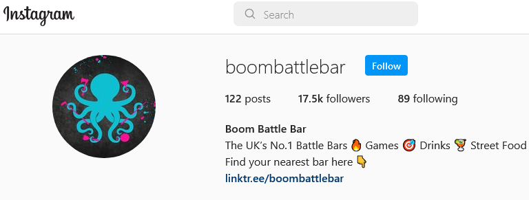 ElmInteriors's tweet photo. #xpf #glasgow #battlebar

XP Factory owned Boom Battle Bar grows to 17.5k Instagram followers - more than 1.2k growth during March, thus far.

Latest site, Glasgow battle bar, opening 18th March
https://t.co/4tX47CsAwu https://t.co/8t92UD8sgV