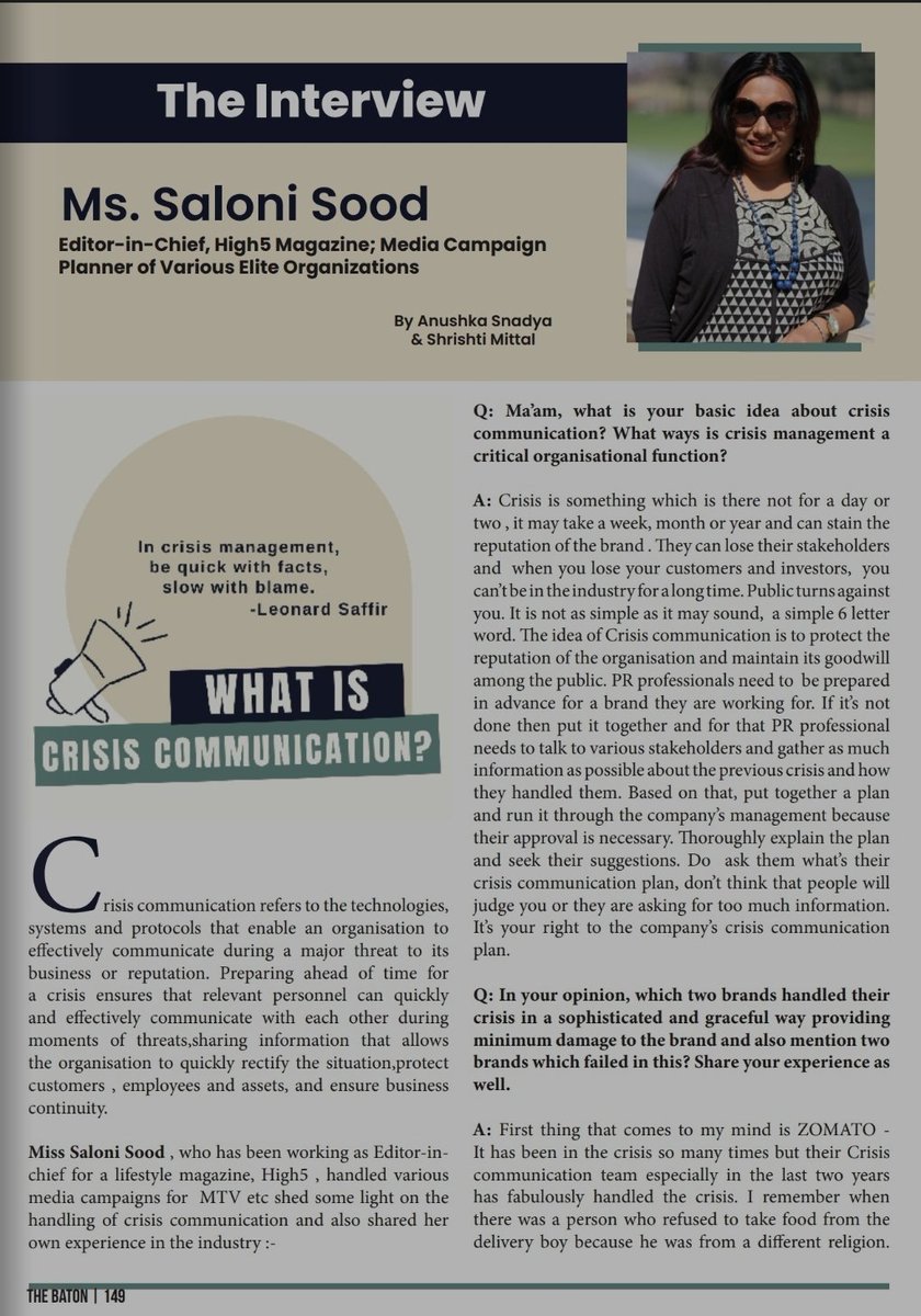 TheBaton2021's tweet photo. "The idea of crisis Communication is to protect the reputation of the organisation and maintain it's goodwill among the public. PR professionals need to be prepared in advance for a brand they  are  working for."- Saloni Sood, The Baton, Page 149 https://t.co/wQUNptmHeg