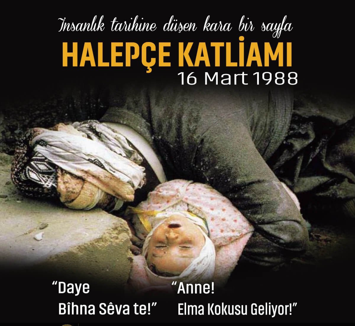 Elma kokulu gazda boğulan, binlece Kürt'ün ahıdır Halepçe Katliamı..
(16-17 Mart 1988)

#HalepçeKatliamı