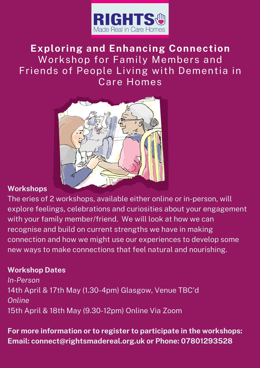 Today we're spotlighting our workshop for family members/friends of people living with dementia in care homes. These online and in-person workshops by <a href="/SuzieClown/">Suzie Ferguson</a> and <a href="/belindajdewar/">belinda dewar</a> will focus on exploring and enhancing moments of connection. <a href="/ChrScotland/">Care Home Relatives Scotland</a> <a href="/tide_carers/">tide - together in dementia everyday</a>.