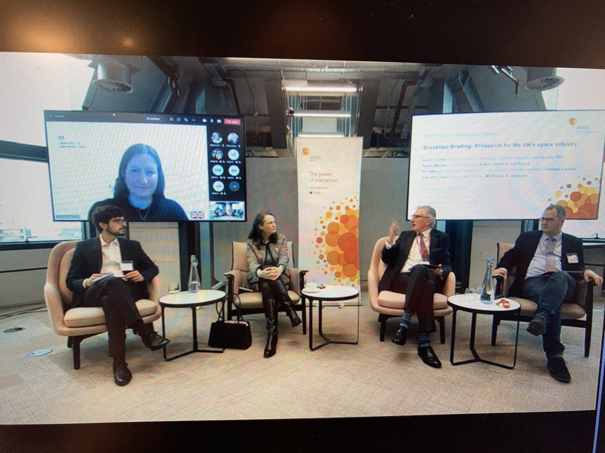 Stephanie_RP_'s tweet photo. Truly hybrid @wiguk event this morning! Suitably tech savvy for discussion on future #spacesector in the UK. Huge thanks to Sarah Tyrell @tradegovuk for dialling in &amp; panellists Phil Mason @CornwallCouncil, Sarah Macken @Airbus &amp; Giacomo Gatto from our fantastic hosts @McKinsey https://t.co/HQHyNdxm98