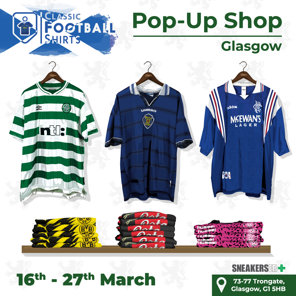 The Rangers shirts available at the Classic Football Shirts pop-up shop in  Glasgow