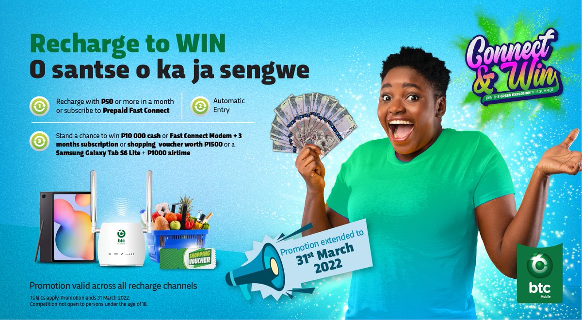 btcbw's tweet photo. Recharge with P50 or more and stand a chance to win P10 000 Cash or P1500 in shopping vouchers or a FastConnect Modem with a 3 month Subscription monthly. You can also win Samsung Galaxy Tab S6 Lite and P1000 airtime when you subscribe for Prepaid FastConnect.
T's and C's apply https://t.co/DYQsjKwa69